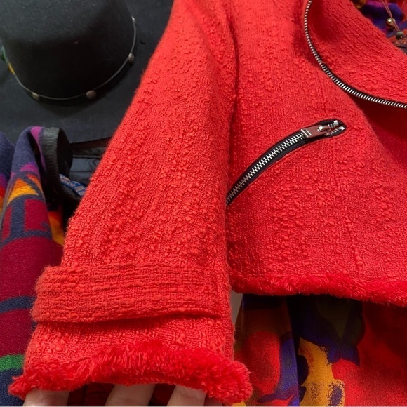 Trendy RED moto style tweed boho jacket w raw edge - Picture 12 of 16